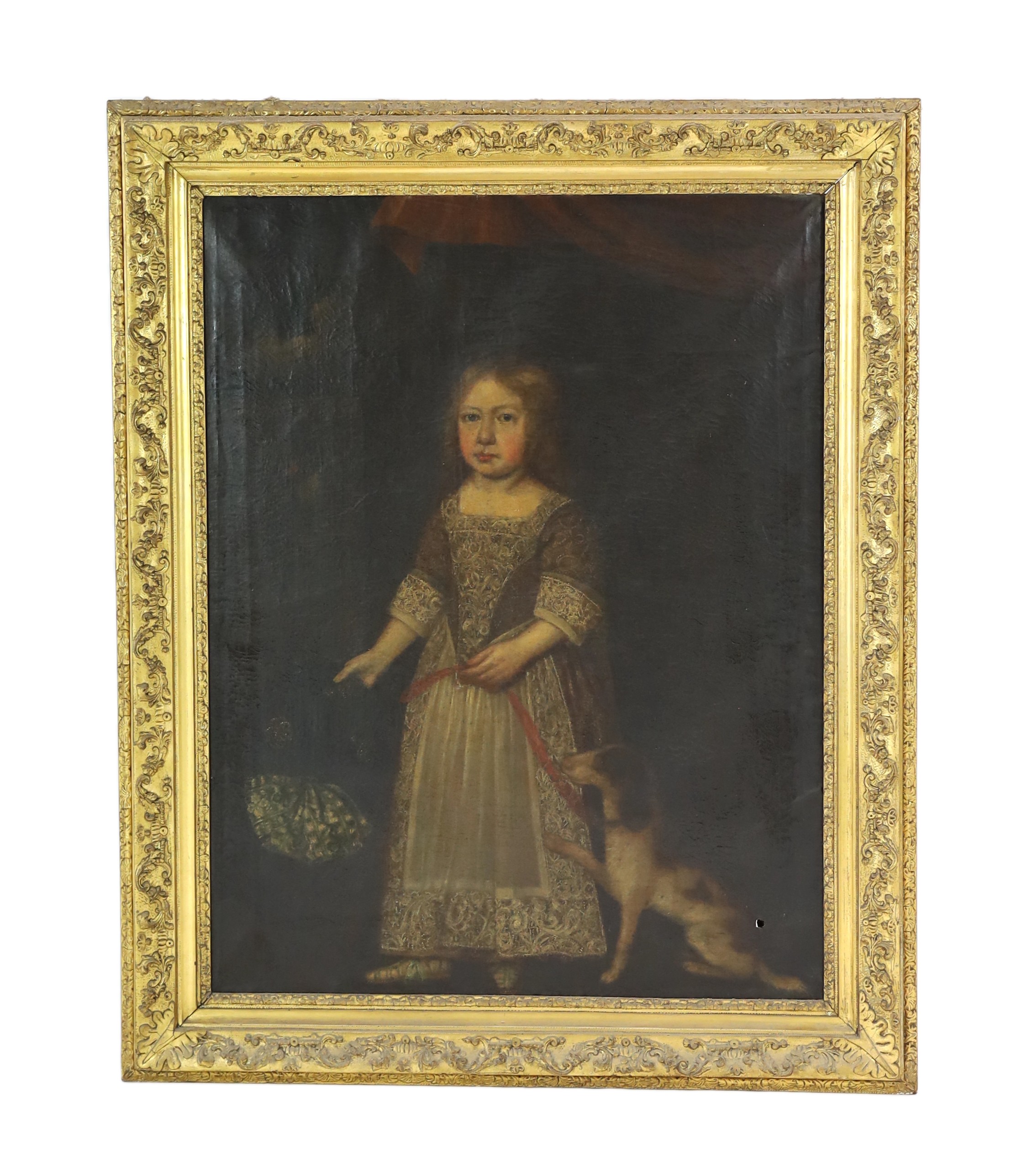 Late 17th century English School, Full length portrait of a child standing beneath a canopy with a dog at their feet and holding an elaborate hat, oil on canvas, 111 x 85cm